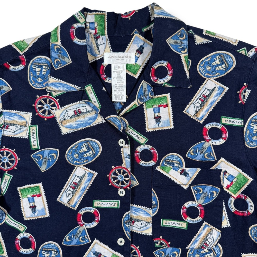 Jones New York Sport Button Down Women Medium‎ Navy Nautical Stamp Linen Blend